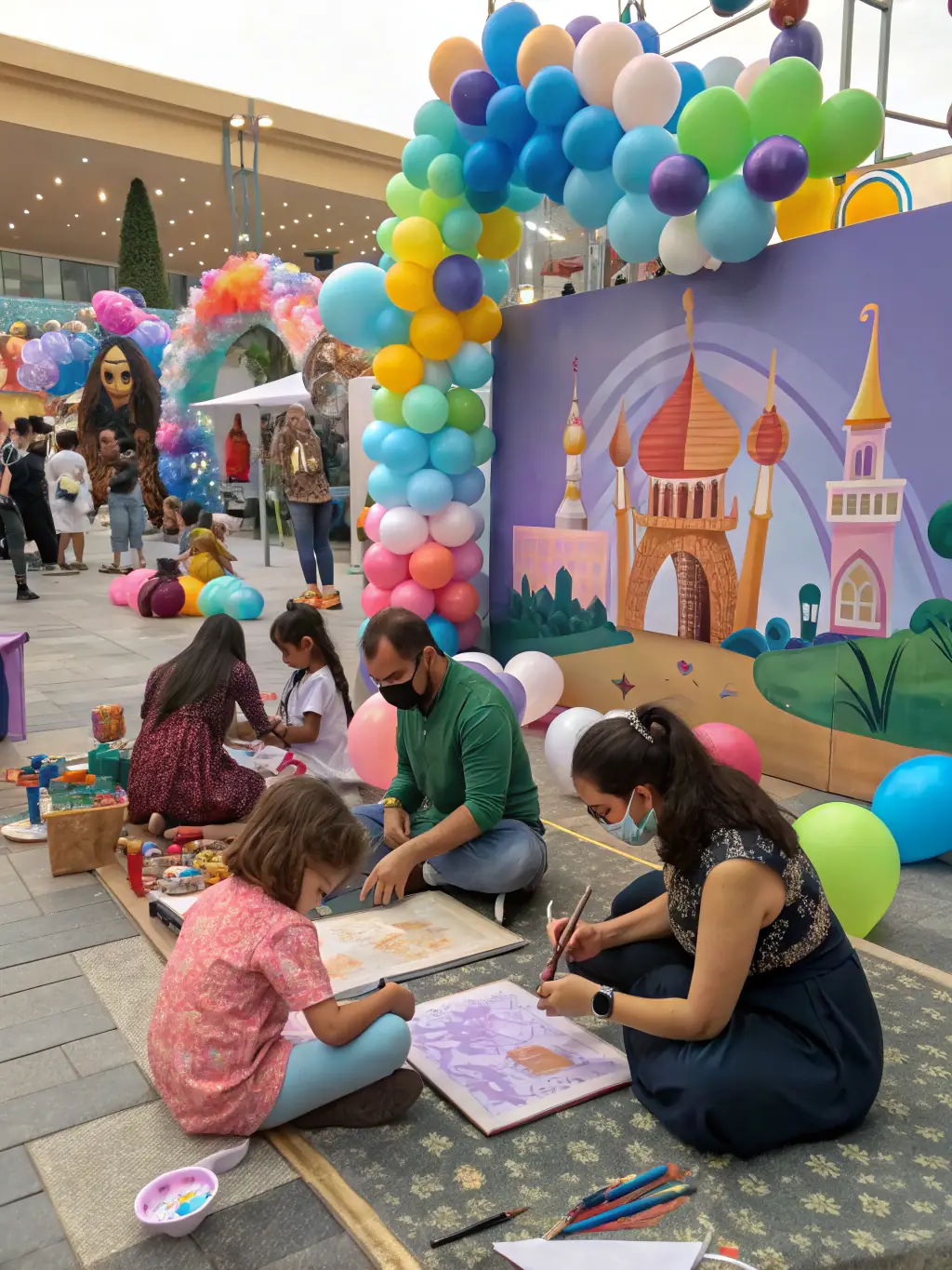 A lively scene from a community event organized by ASSOCIATION ANGOULM PROD, featuring music, dance, and interactive art installations, illustrating the organization's role in fostering community engagement and cultural vibrancy.