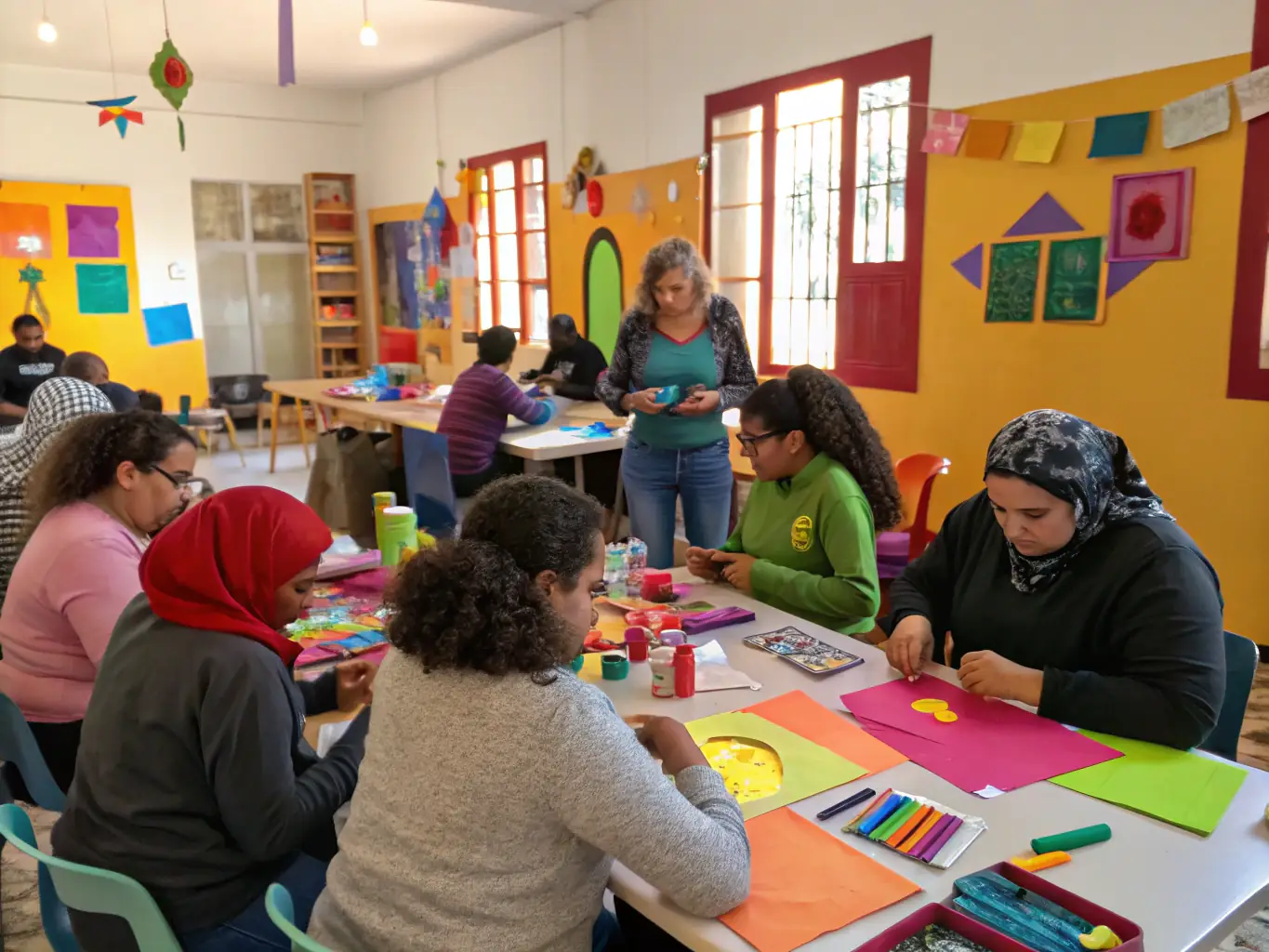 An image of a vibrant community art workshop with participants actively engaged in creating art pieces, showcasing the cultural community programs offered by ASSOCIATION ANGOULM PROD.