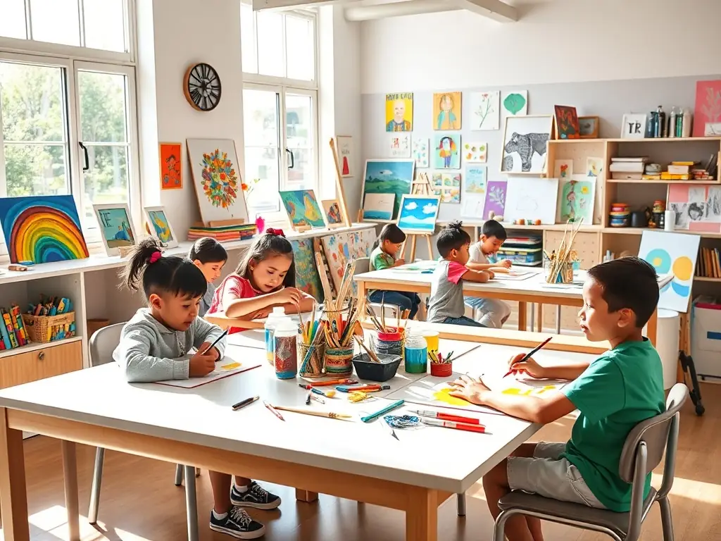 A photo of children participating in an art education program, smiling and creating artwork, illustrating ASSOCIATION ANGOULM PROD's commitment to nurturing young talent.