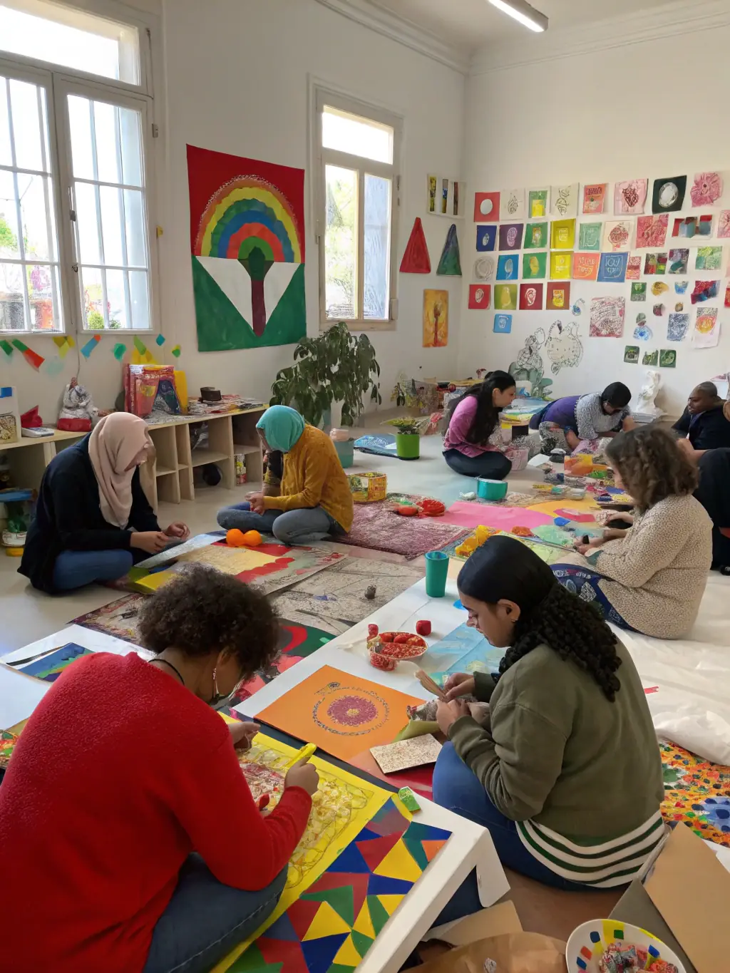 A vibrant photograph capturing a community art workshop in progress, showcasing participants of diverse ages and backgrounds engaged in painting and creative expression, reflecting ASSOCIATION ANGOULM PROD's commitment to inclusive cultural engagement.