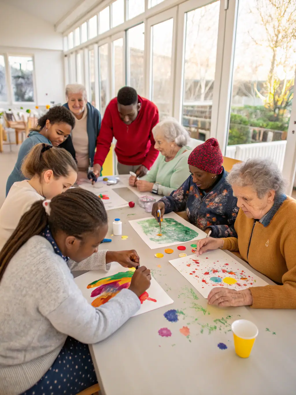A vibrant photograph capturing a community art workshop in progress, showcasing participants of diverse ages and backgrounds engaged in a collaborative painting activity, reflecting ASSOCIATION ANGOULM PROD's commitment to inclusive cultural experiences.