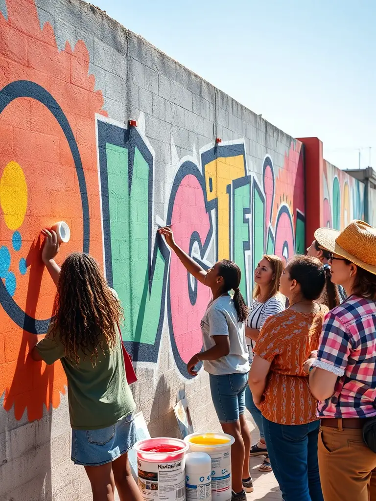 A photograph of volunteers from ASSOCIATION ANGOULM PROD working on a public art project, such as a mural, demonstrating the organization's commitment to beautifying public spaces and fostering community pride.