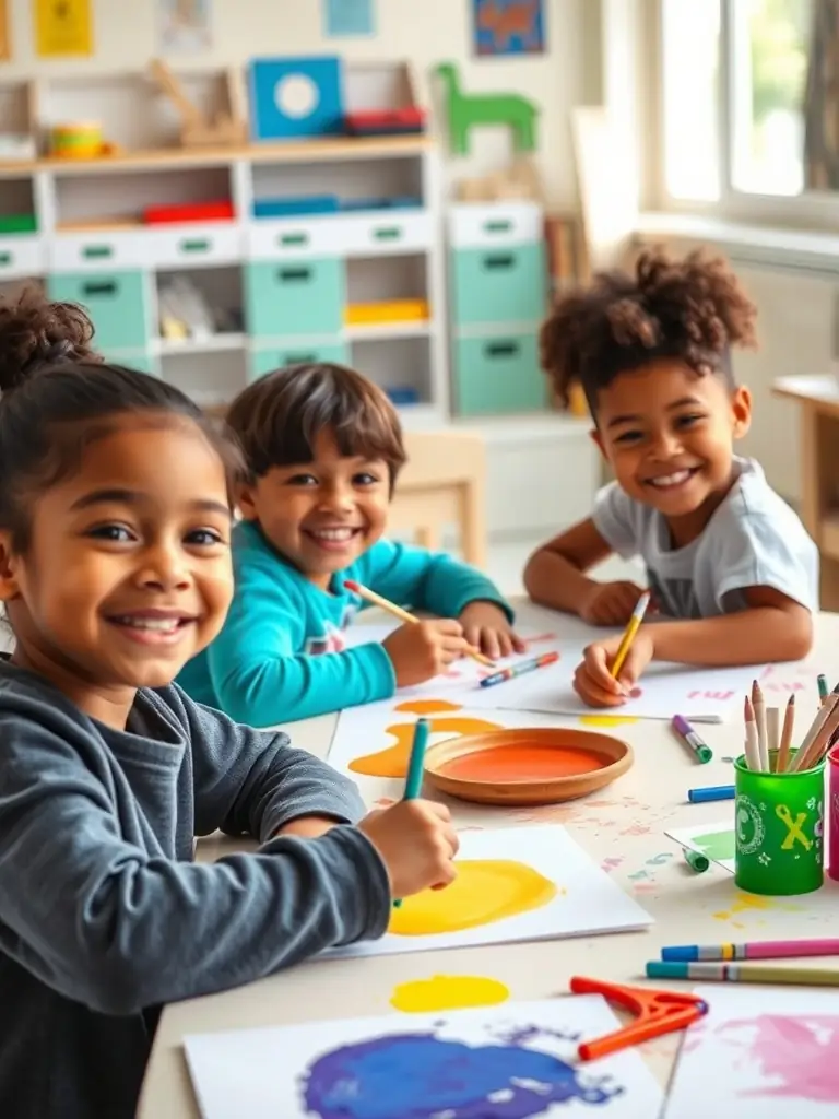A photograph of children participating in an educational arts program, facilitated by ASSOCIATION ANGOULM PROD, demonstrating the organization's dedication to nurturing creativity and providing inclusive opportunities for young audiences.